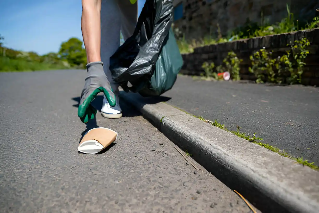 A man picking up trash and collecting it with a trash bag.