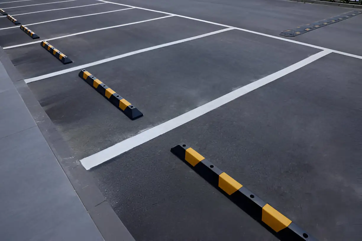 New parking blocks installed on a brick surface.