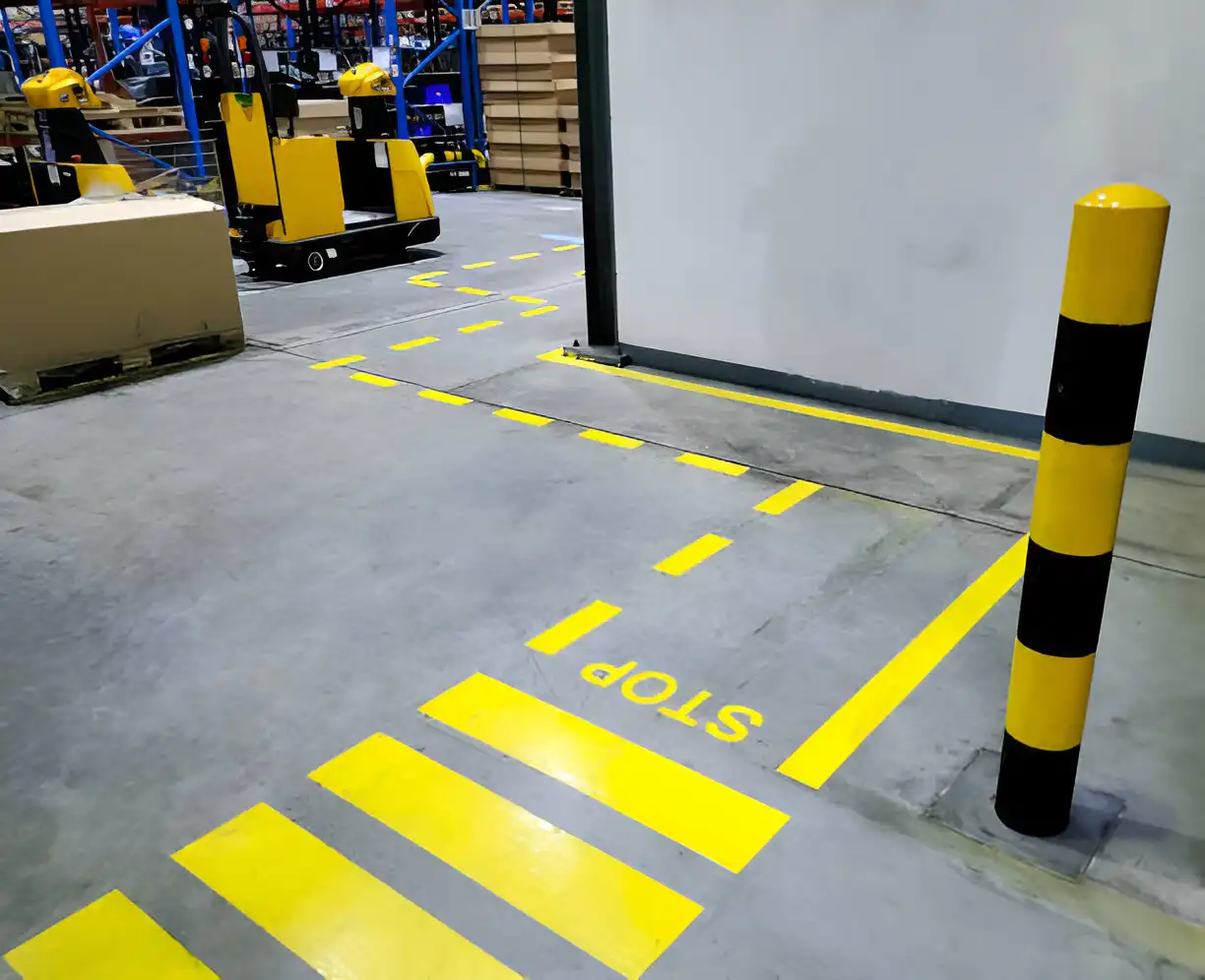 Warehouse striping that says stop before a large lane.