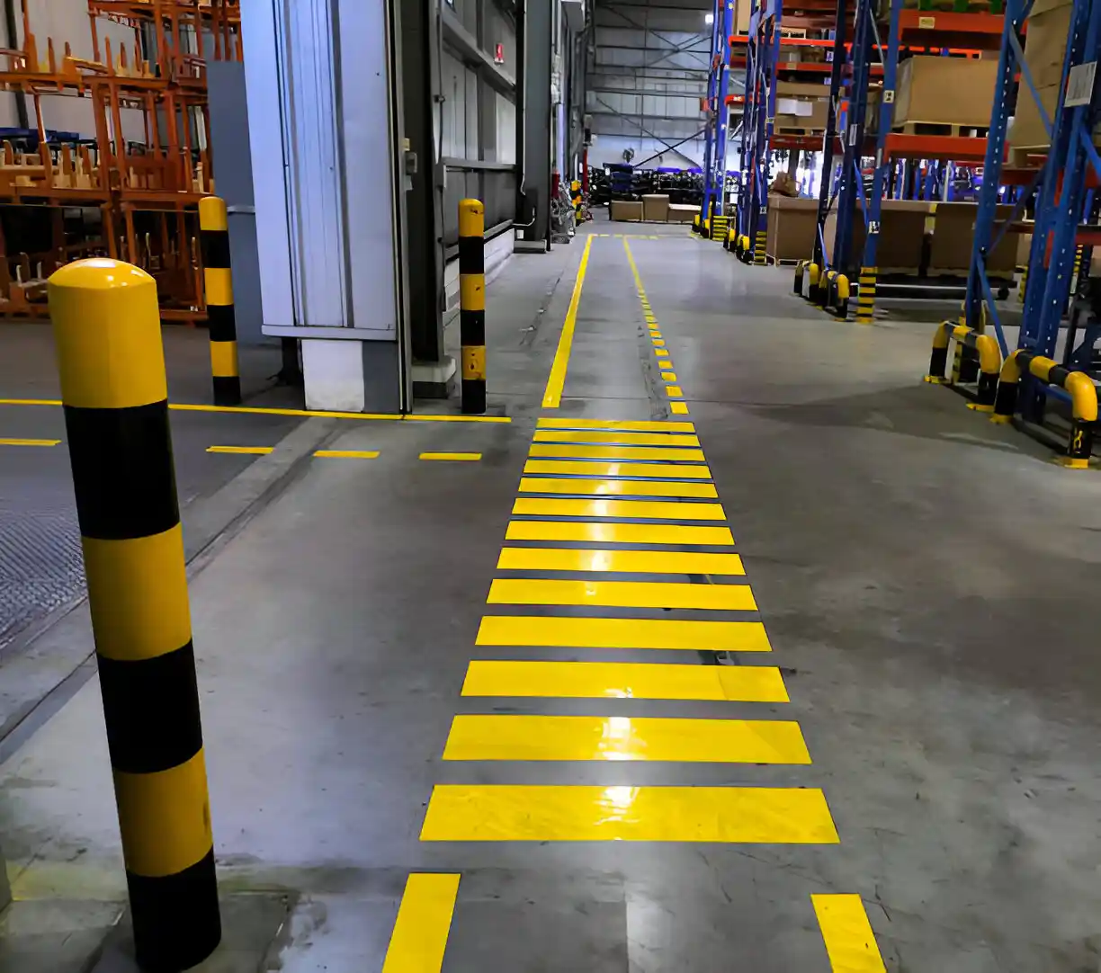 Warehouse striping that says stop before a large lane.