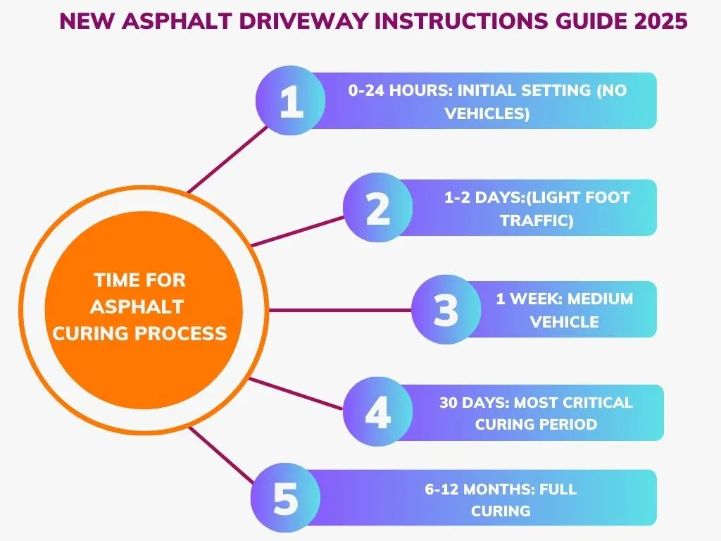 Asphalt surface curing timeline showing stages from initial setting to critical curing period